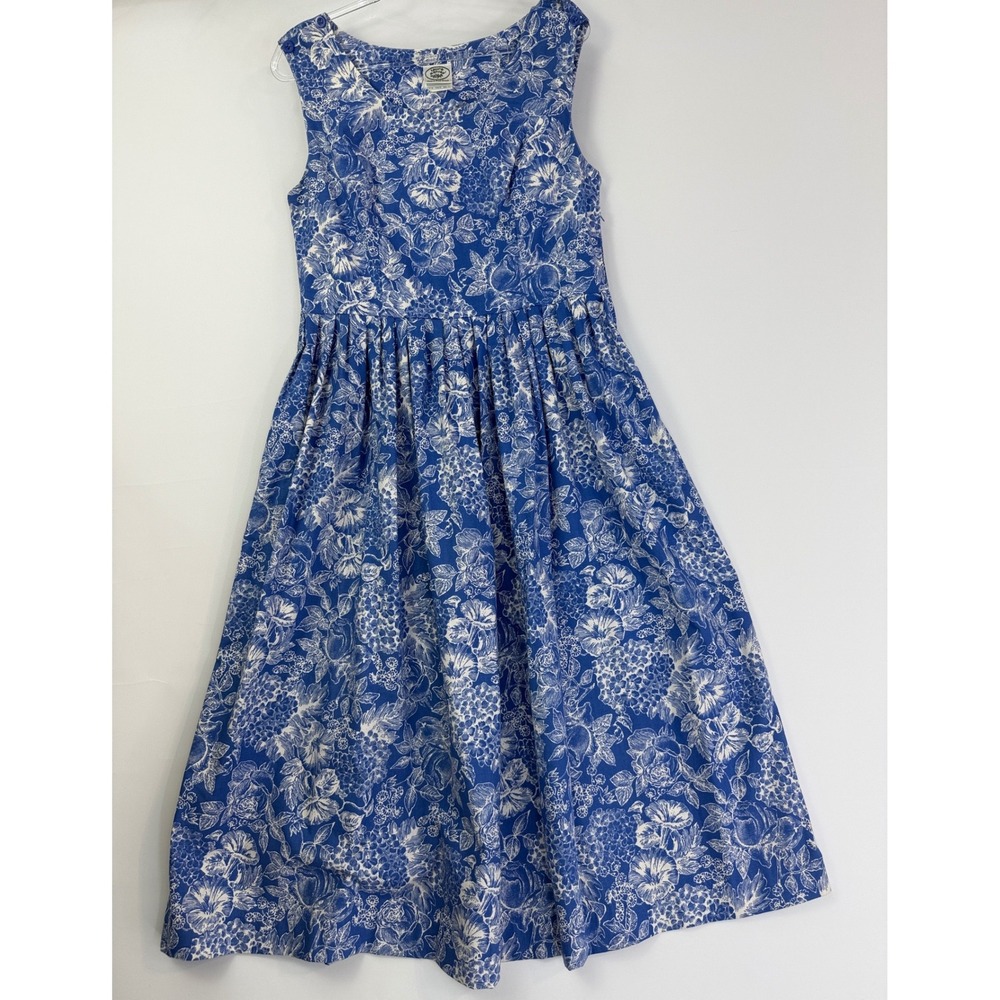 Laura Ashley Floral Midi Dress Womens 14 Blue White Cotton Vintage Made in UK